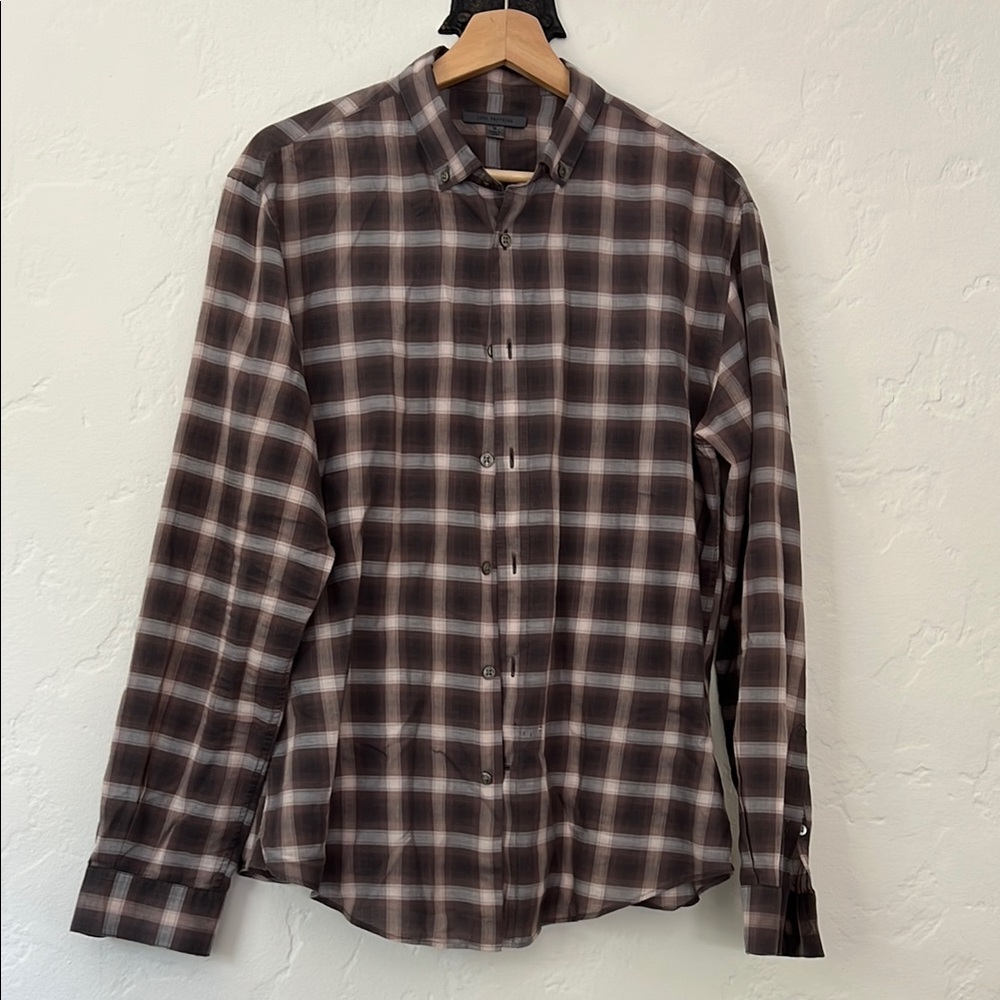 John Varvatos Black and Brown Casual Button Down Shirt with small hole in back